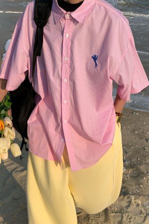 Vintage-Inspired Small Embroidery Vertical Striped Short Sleeve Shirt for Couples - Casual Summer Loose Fit Top