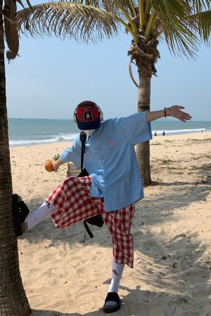 Vintage-Inspired Small Embroidery Vertical Striped Short Sleeve Shirt for Couples - Casual Summer Loose Fit Top