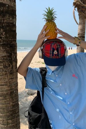 Vintage-Inspired Small Embroidery Vertical Striped Short Sleeve Shirt for Couples - Casual Summer Loose Fit Top