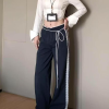 Vintage-Inspired Women's Lace Trim Wide-Leg Casual Pants - Draped Loose Straight Long Trousers for a Chic Retro Look