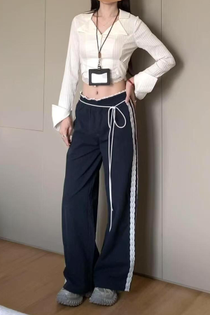Vintage-Inspired Women's Lace Trim Wide-Leg Casual Pants - Draped Loose Straight Long Trousers for a Chic Retro Look
