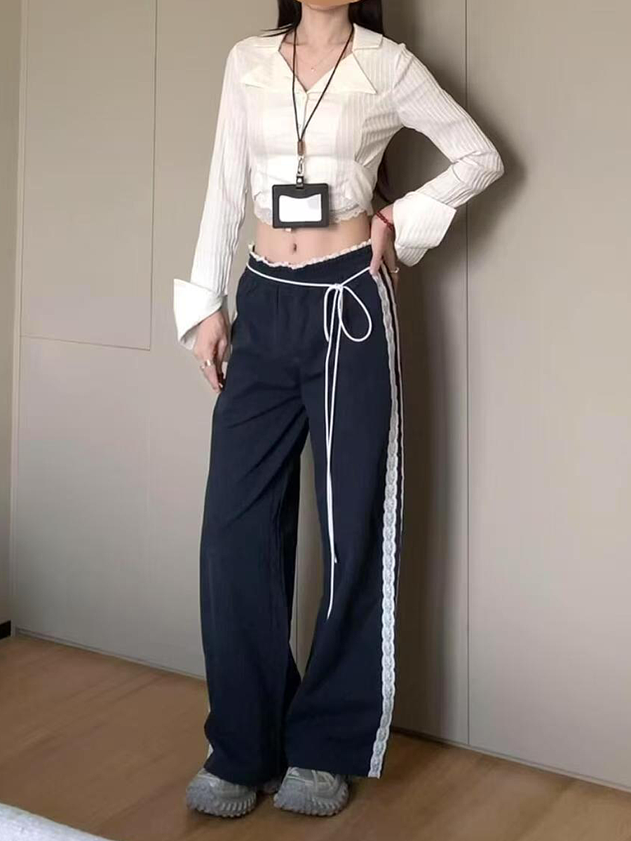 Vintage-Inspired Women's Lace Trim Wide-Leg Casual Pants - Draped Loose Straight Long Trousers for a Chic Retro Look Vintage-Inspired Women's Lace Trim Wide-Leg Casual Pants - Draped Loose Straight Long Trousers for a Chic Retro Look