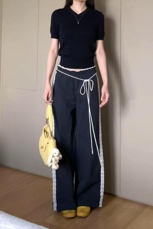 Vintage-Inspired Women's Lace Trim Wide-Leg Casual Pants - Draped Loose Straight Long Trousers for a Chic Retro Look