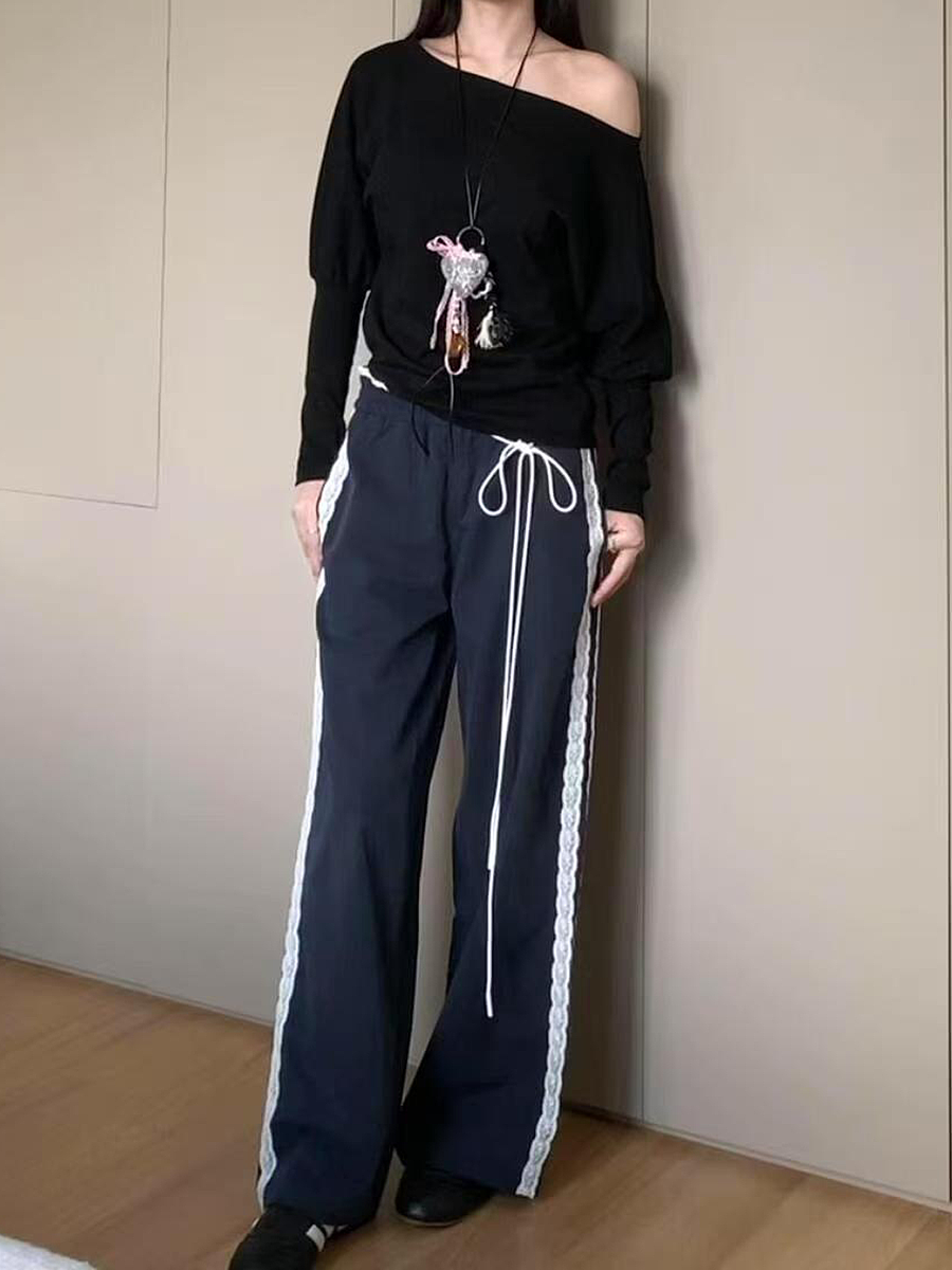 Vintage-Inspired Women's Lace Trim Wide-Leg Casual Pants - Draped Loose Straight Long Trousers for a Chic Retro Look Vintage-Inspired Women's Lace Trim Wide-Leg Casual Pants - Draped Loose Straight Long Trousers for a Chic Retro Look