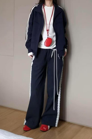 Vintage-Inspired Women's Lace Trim Wide-Leg Casual Pants - Draped Loose Straight Long Trousers for a Chic Retro Look