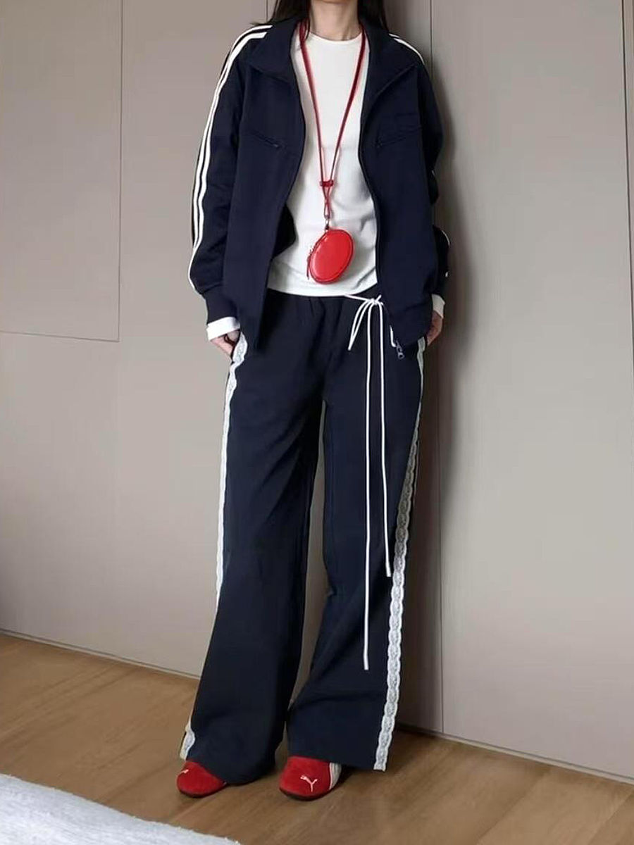 Vintage-Inspired Women's Lace Trim Wide-Leg Casual Pants - Draped Loose Straight Long Trousers for a Chic Retro Look Vintage-Inspired Women's Lace Trim Wide-Leg Casual Pants - Draped Loose Straight Long Trousers for a Chic Retro Look