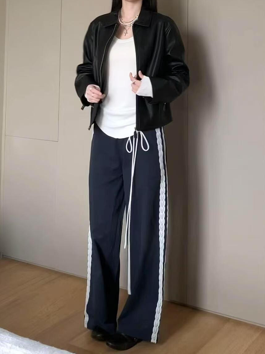 Vintage-Inspired Women's Lace Trim Wide-Leg Casual Pants - Draped Loose Straight Long Trousers for a Chic Retro Look Vintage-Inspired Women's Lace Trim Wide-Leg Casual Pants - Draped Loose Straight Long Trousers for a Chic Retro Look