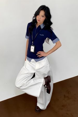 Vintage Inspired Women's Short Sleeve Polo Shirt, Summer Plaid Splicing Faux Two-Piece T-Shirt, Preppy Style, Slim Fit Top