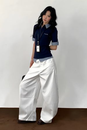 Vintage Inspired Women's Short Sleeve Polo Shirt, Summer Plaid Splicing Faux Two-Piece T-Shirt, Preppy Style, Slim Fit Top