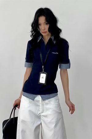Vintage Inspired Women's Short Sleeve Polo Shirt, Summer Plaid Splicing Faux Two-Piece T-Shirt, Preppy Style, Slim Fit Top