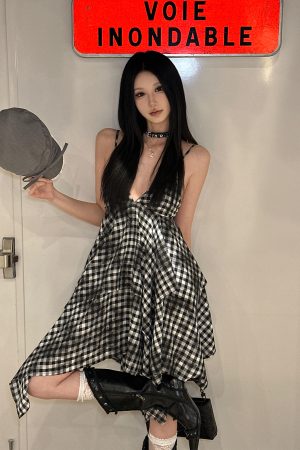 Vintage Irregular Double-Layer Plaid Camisole Dress for Women - Spicy Girl Y2K Inspired Layered Style