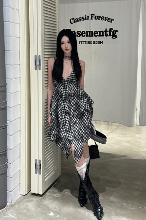 Vintage Irregular Double-Layer Plaid Camisole Dress for Women - Spicy Girl Y2K Inspired Layered Style