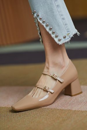 Vintage Italian Genuine Leather Mary Jane Shoes for Women - Chunky High Heels, Square Toe, French Style, Retro Chic