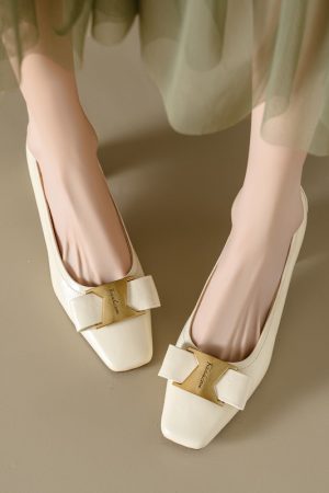 Vintage Italian Leather Chunky Heel Single Shoes for Women - Mid-Heel Square Toe Shallow Mouth Footwear