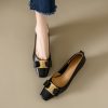 Vintage Italian Leather Chunky Heel Single Shoes for Women - Mid-Heel Square Toe Shallow Mouth Footwear