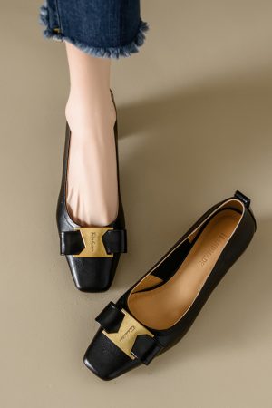 Vintage Italian Leather Chunky Heel Single Shoes for Women - Mid-Heel Square Toe Shallow Mouth Footwear