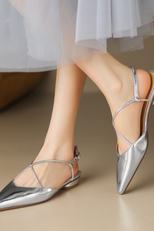 Vintage Italian Leather Mary Jane Flat Sandals for Women, Chunky Heels, Pointed Toe, Retro Style