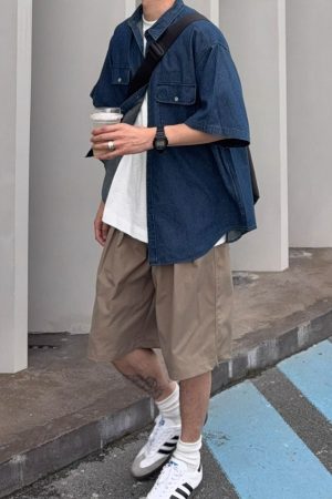 Vintage Japanese-Style Distressed Denim Short Sleeve Shirt for Men & Women, Summer Loose Fit, Double Pocket Workwear Trend