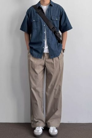 Vintage Japanese-Style Distressed Denim Short Sleeve Shirt for Men & Women, Summer Loose Fit, Double Pocket Workwear Trend