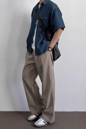 Vintage Japanese-Style Distressed Denim Short Sleeve Shirt for Men & Women, Summer Loose Fit, Double Pocket Workwear Trend