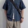 Vintage Japanese-Style Distressed Denim Short Sleeve Shirt for Men & Women, Summer Loose Fit, Double Pocket Workwear Trend