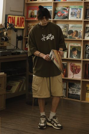 Vintage Japanese Style Printed Short-Sleeve T-Shirt for Men, Loose Fit Heavyweight Summer Top