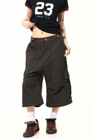 Vintage Khaki Cargo Seven-Point Pants for Men and Women - Unisex Multi-Pocket Loose Shorts for American Street Style Fashion