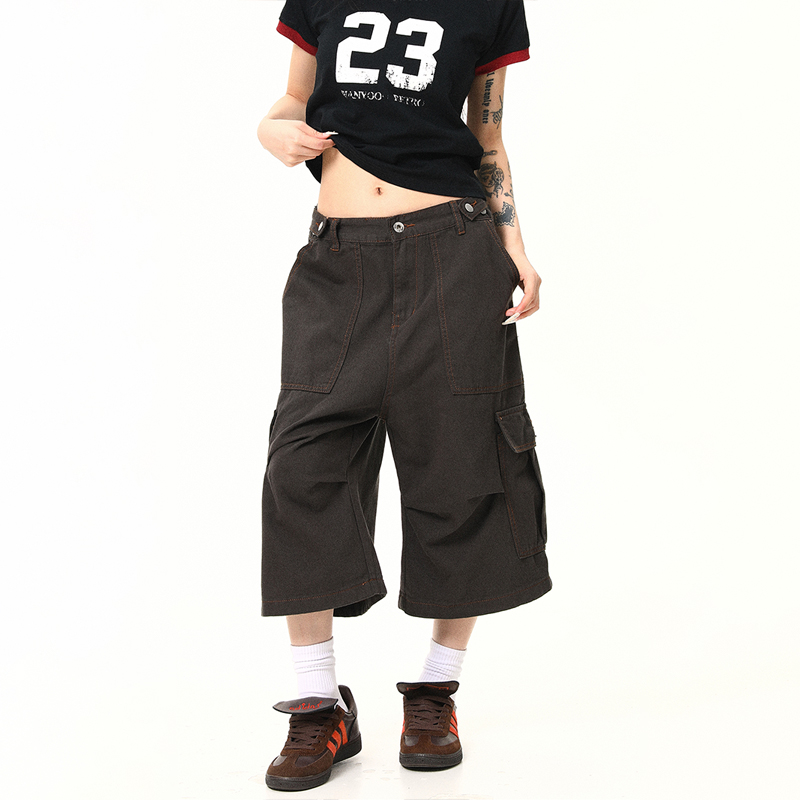 Vintage Khaki Cargo Seven-Point Pants for Men and Women - Unisex Multi-Pocket Loose Shorts for American Street Style Fashion Vintage Khaki Cargo Seven-Point Pants for Men and Women - Unisex Multi-Pocket Loose Shorts for American Street Style Fashion