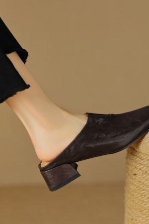 Vintage Lambskin One-Strap Half-Slide Mid-Heel Open-Toe Sandals for Women - Italian Style Casual Footwear