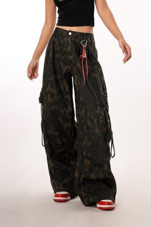 Vintage Leopard Print Camouflage Casual Pants for Women - BF Loose Wide-Leg Trousers in Lazy Style, Perfect for 90s Y2K Fashion