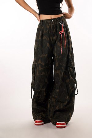 Vintage Leopard Print Camouflage Casual Pants for Women - BF Loose Wide-Leg Trousers in Lazy Style, Perfect for 90s Y2K Fashion