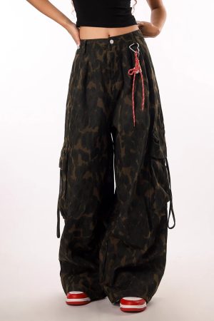 Vintage Leopard Print Camouflage Casual Pants for Women - BF Loose Wide-Leg Trousers in Lazy Style, Perfect for 90s Y2K Fashion