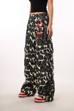Vintage Leopard Print Camouflage Casual Pants for Women - BF Loose Wide-Leg Trousers in Lazy Style, Perfect for 90s Y2K Fashion