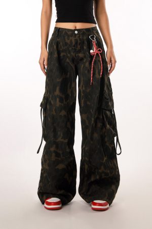 Vintage Leopard Print Camouflage Casual Pants for Women - BF Loose Wide-Leg Trousers in Lazy Style, Perfect for 90s Y2K Fashion
