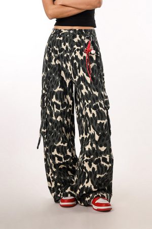 Vintage Leopard Print Camouflage Casual Pants for Women - BF Loose Wide-Leg Trousers in Lazy Style, Perfect for 90s Y2K Fashion