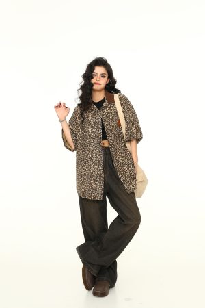 Vintage Leopard Print Denim Jacket with Polo Collar - Unisex Retro Streetwear Short Sleeve