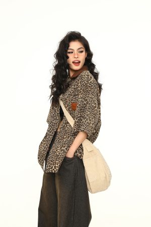 Vintage Leopard Print Denim Jacket with Polo Collar - Unisex Retro Streetwear Short Sleeve