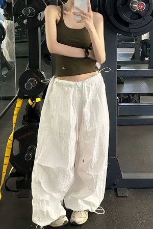 Vintage Loose Fit Cargo Pants for Women, Wide-Leg Parachute Trousers with Drawstring, Casual Jazz Dance Style, Floor-Length Sportswear