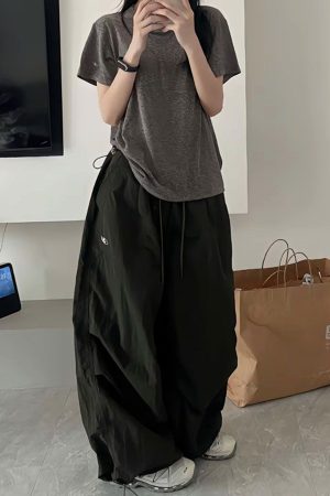 Vintage Loose Fit Cargo Pants for Women, Wide-Leg Parachute Trousers with Drawstring, Casual Jazz Dance Style, Floor-Length Sportswear
