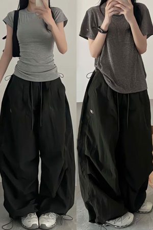 Vintage Loose Fit Cargo Pants for Women, Wide-Leg Parachute Trousers with Drawstring, Casual Jazz Dance Style, Floor-Length Sportswear