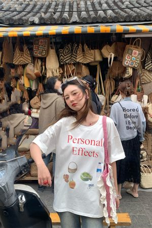 Vintage 'Love and Time' Retro Short Sleeve Printed T-Shirt for Women, Summer Loose Fit Round Neck Top, Y2K Style