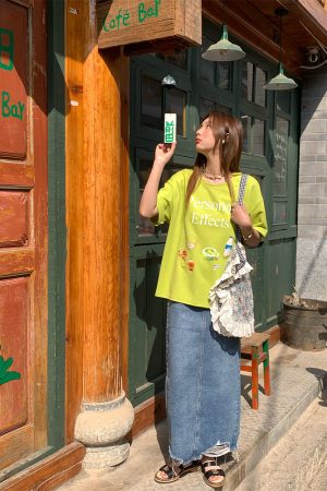 Vintage 'Love and Time' Retro Short Sleeve Printed T-Shirt for Women, Summer Loose Fit Round Neck Top, Y2K Style