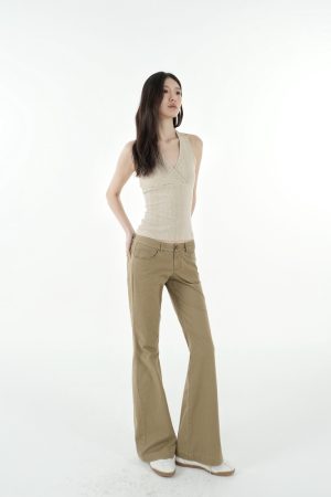Vintage Low-Rise Khaki Flared Denim Pants for Women - 90s Inspired Workwear Style