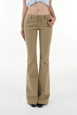Vintage Low-Rise Khaki Flared Denim Pants for Women - 90s Inspired Workwear Style