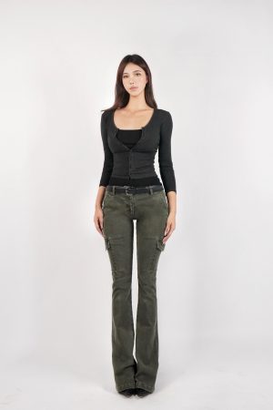 Vintage Low-Rise Washed Micro-Flare Cargo Pants - 90s Inspired Trendy Women's Fashion Bottoms