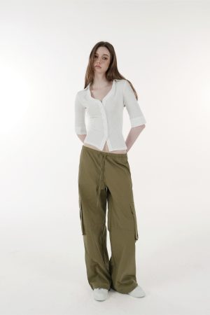 Vintage Low-Waist Multi-Pocket Two-Way Parachute Cargo Wide-Leg Pants - 90s Y2K Style