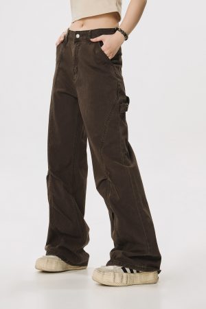 Vintage Lumberjack Casual Pants for Women - Slightly Flared Wide-Leg Style, 90s Inspired Straight Fit