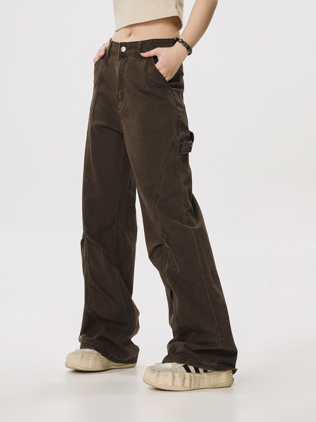 Vintage Lumberjack Casual Pants for Women - Slightly Flared Wide-Leg Style, 90s Inspired Straight Fit Vintage Lumberjack Casual Pants for Women - Slightly Flared Wide-Leg Style, 90s Inspired Straight Fit