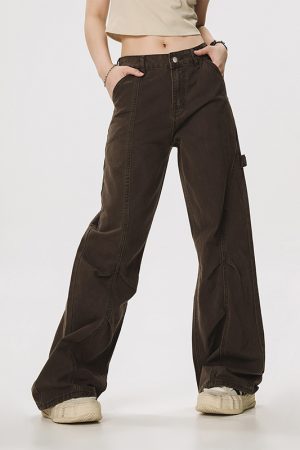 Vintage Lumberjack Casual Pants for Women - Slightly Flared Wide-Leg Style, 90s Inspired Straight Fit