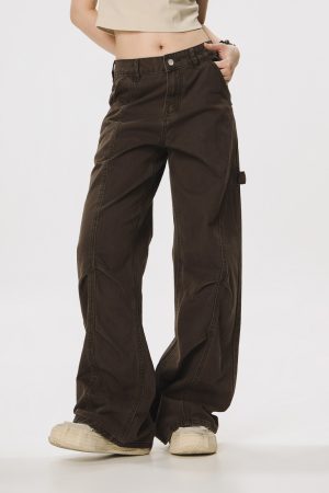 Vintage Lumberjack Casual Pants for Women - Slightly Flared Wide-Leg Style, 90s Inspired Straight Fit